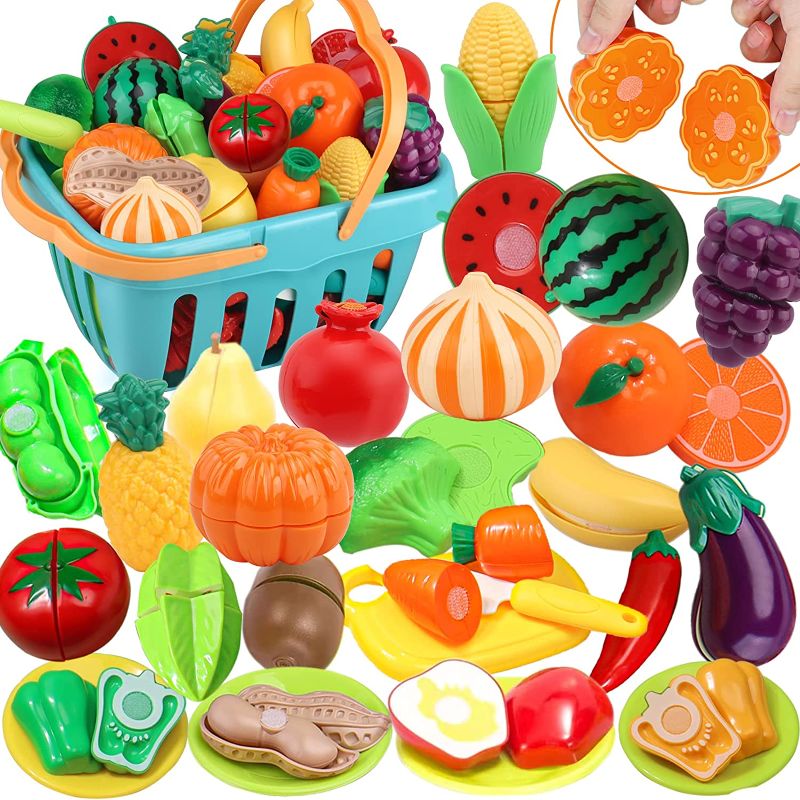 Photo 1 of 64 PCS Cutting Play Food Toy for Kids Kitchen,Pretend Fruits & Vegetables Accessories with Storage Basket,Plastic Dishes & Knife Toy Set,Educational Food Toys for Toddlers Boys Girls Birthday Gift
