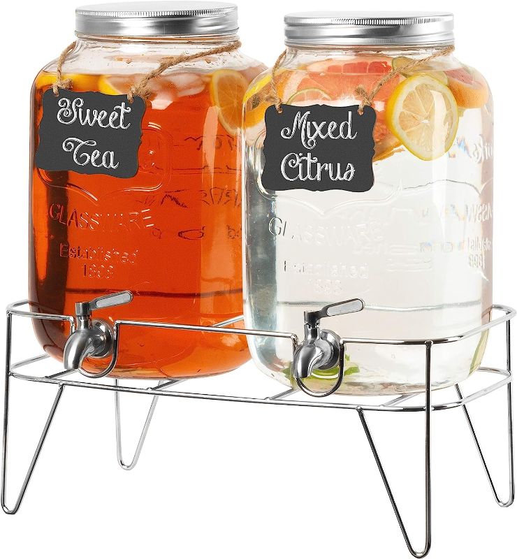 Photo 1 of 2 Pack of Outdoor Glass Beverage Dispensers with Sturdy Metal Bases & Stainless Steel Spigots - 2 Gallon Drink Dispensers for Lemonade, Tea, Cold Water, Laundry Detergent & More 