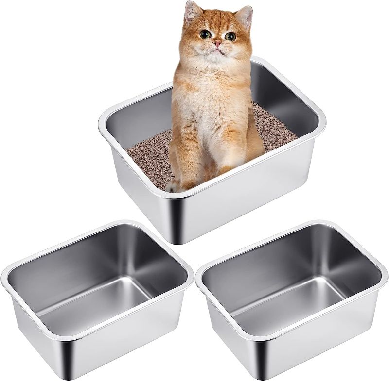 Photo 1 of 3 Pieces Stainless Steel Cat Litter Box Large Metal Litter Box Pets Litter Basin Pan Never Absorbs Odor, Rustproof, Easy to Clean, Safe and Hard for Cat Rabbits (14.2 x 10.6 x 5.9 Inches) 