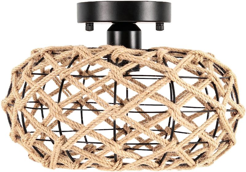 Photo 1 of BILPIKOGoo Rattan Light Fixtures Ceiling Mount, Boho Farmhouse Woven Flush Mount Ceiling Light, Hand-Worked Cage Rattan Ceiling Lights for Bedroom Kitchen Foyer Porch 