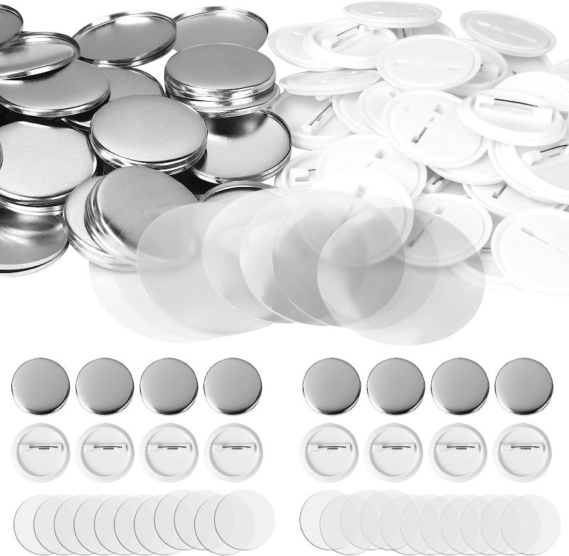 Photo 1 of 100 Pieces Blank Button Badge Parts for Button Maker Machine, Metal Shells, Plastic Back Cover and Clear Mylar Components, DIY Crafts Arts Supplies for Presents, Souvenirs (25mm)
