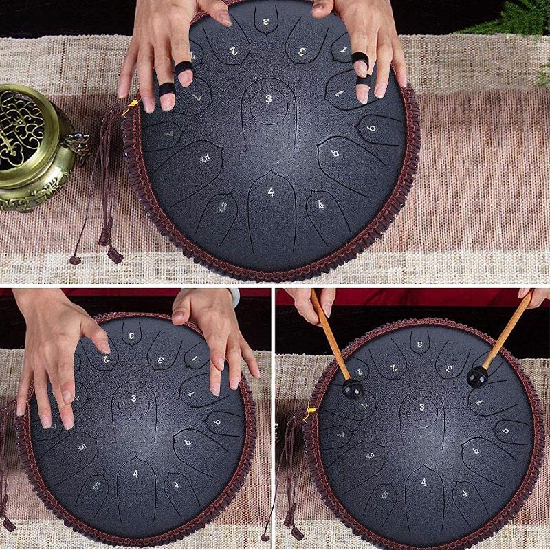 Photo 1 of 15 Note-Steel Tongue Drum 14 Inch Chakra Tank Drum, Lotus Hand Pan Drum Percussion Instrument, D-Key Handpan Drum with Bag, for Musical Education Concert Mind Healing Yoga ( Color : Black )