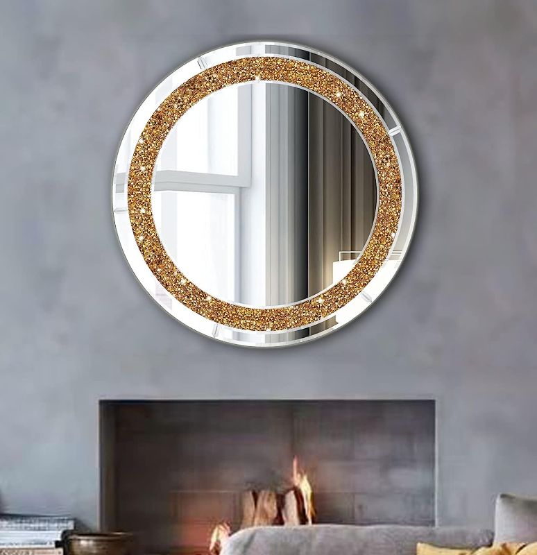 Photo 1 of ZOLAPI Round Crystal Rhinestone Diamond Wall Mirror.Brilliant Hand-Spliced Glass Mirror.Gold Accent Decorative Mirror for Hallway/Bathroom/Bedroom?20”x20”? 20 inch Gold Color