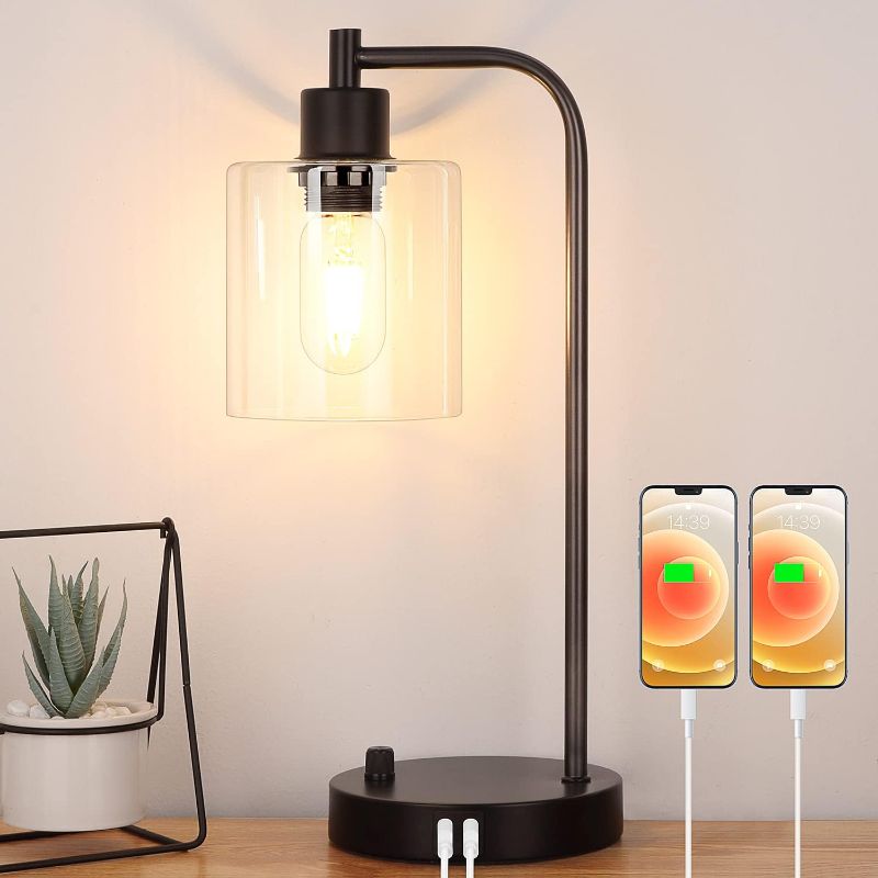 Photo 1 of 2 pack Industrial Table Lamp with 2 USB Charging Ports, Fully Stepless Dimmable Modern Nightstand Lamp, Glass Shade Bedside Desk Lamp for Bedroom Living Room Office, 6W 2700K LED Edison Bulb Included
