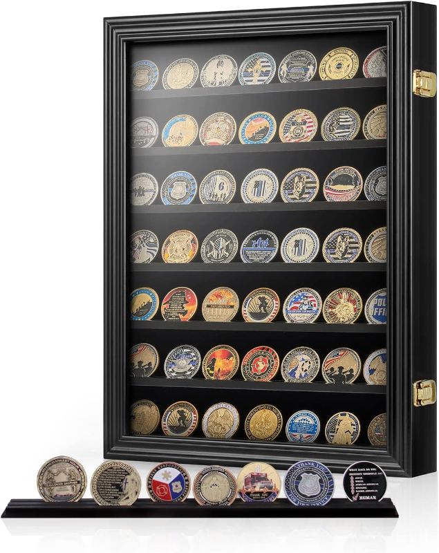 Photo 1 of 2 pcs, ASmileIndeep Military Challenge Coin Display Case Solid Wood 7 Rows Challenge Coin Holder Cabinet Rack Holds 100 Coins Glass Door Military Shadow Box with Removable Shelves ,Black Finish