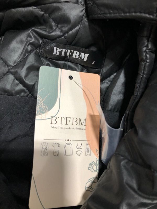 Photo 1 of BTFBM Women Button Down Quilted Jacket Coat 2023 Fall Winter Fashion Belt Pockets Removable Padded Hood Puffer Outerwear, size Small