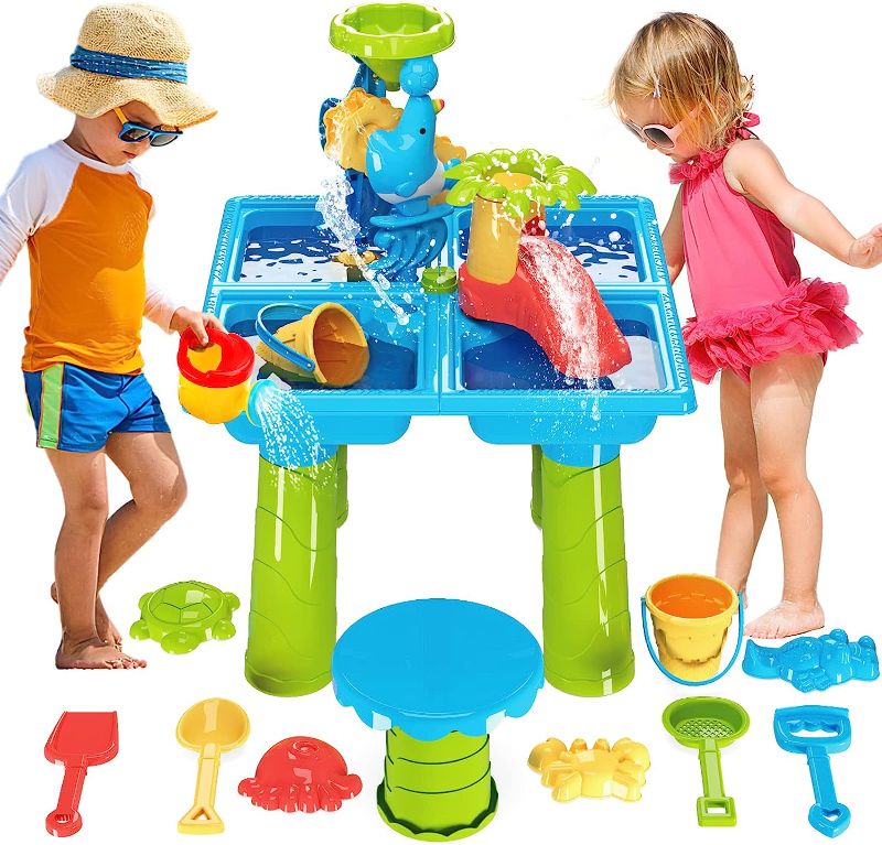 Photo 1 of deAO Kids Sand Water Table Toy 4 in 1 Outdoor Sand and Water Play Table Beach Toys for Kids Boys Girls Table Activity Sensory Play Table Sand Water Toys for Outdoor Backyard for Age 3 4 5 Blue