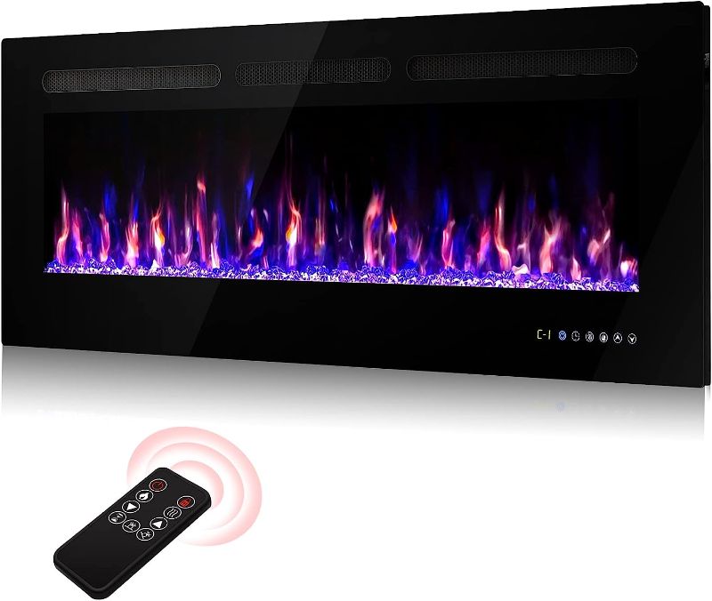 Photo 1 of  50" Electric Fireplace Recessed and Wall Mounted Linear Fireplace, 750/1500W the Thinnest Fireplace Low Noise Touch Screen with Timer and Remote Control Adjustable Multicolor Flame Color, Black