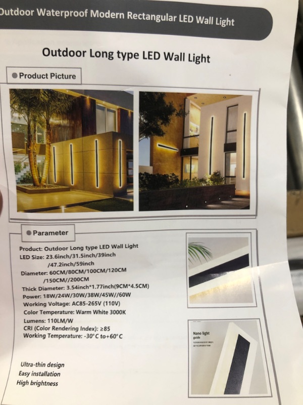 Photo 1 of 2 PACK OUTDOOR WATERPROOF MODERN RECTANGULAR LED WALL LIGHT 39 IN