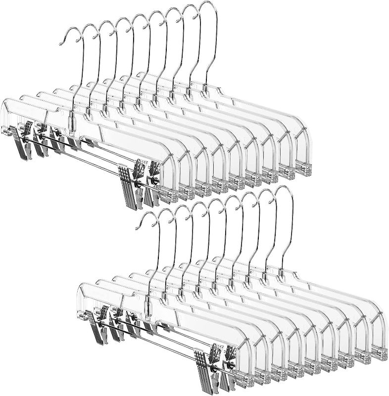 Photo 1 of Clear Pants Hangers with Clips, Non-Slip Skirt Hangers with Adjustable Clips, Heavy Duty Slim Plastic Hangers 24 PACK