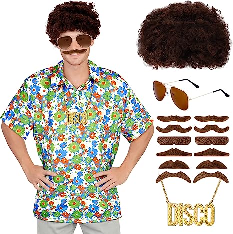 Photo 1 of  Men's 70s Disco Costume Set LONG Sleeve Shiny Shirts Disco Gold Necklace Curl Wig Sunglasses 