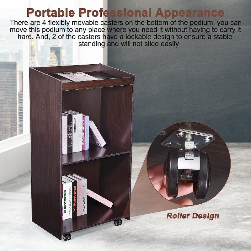 Photo 1 of Podium Stand Portable, Wooden Rolling Desk Lectern Reception Desk with Open Storage Shelves & Top Clip, Floor Standing Hostess Stand Laptop Teacher Podium with Wheels for Church Office School, Black
