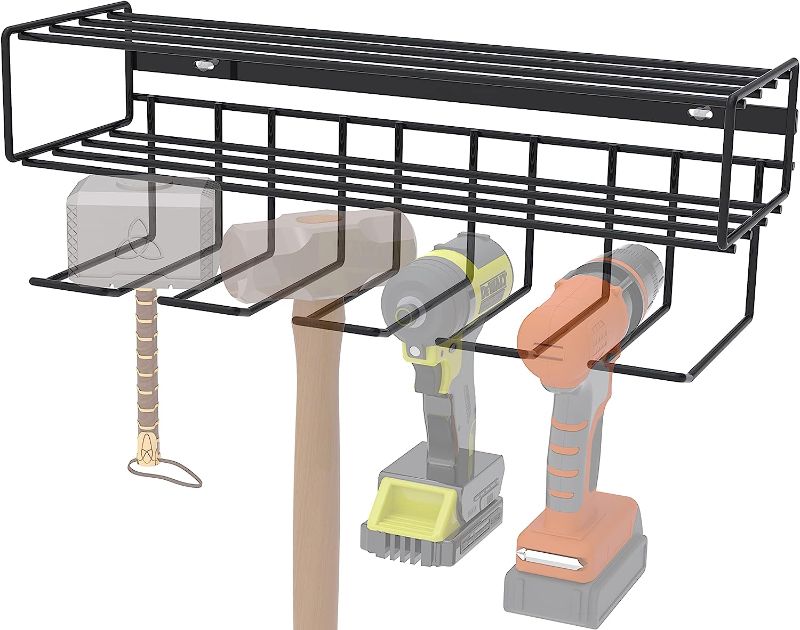 Photo 1 of c2M Heavy Duty Floating Tool Shelf & Organizer | Wall Mounted Garage Storage Rack for Handheld & Power Tools | USA Made, 100# Weight Limit, Compact Steel Design | Perfect for Father's Day | Black
