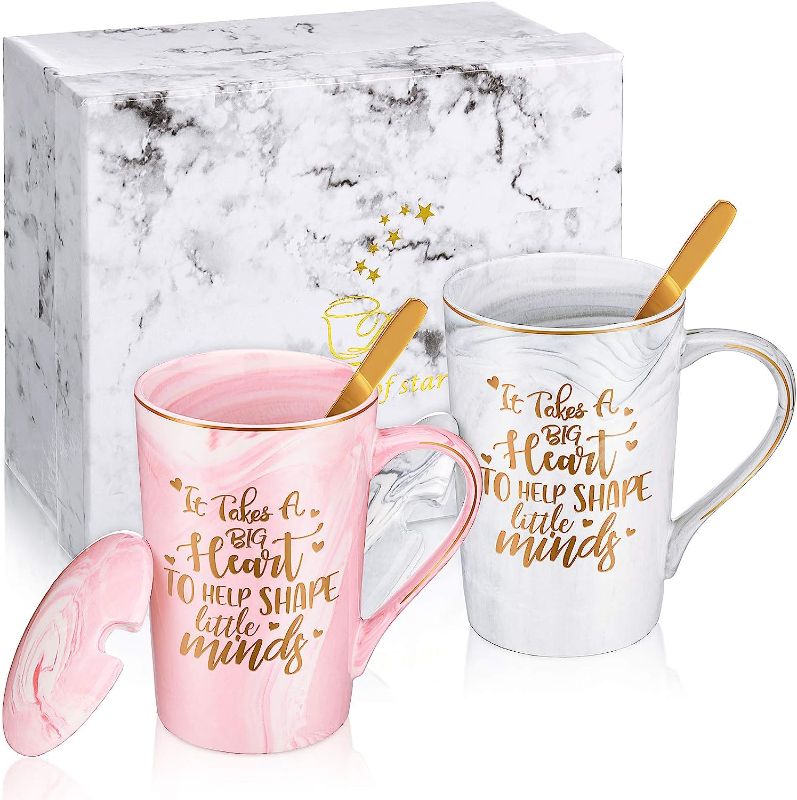 Photo 1 of 2 Pieces Teacher Appreciation Gift Marble Coffee Mug Thank You Gift for Women Men Teacher, Marble Mug with Gift Box, 14 Oz (Grey, Pink, Classic Style)
