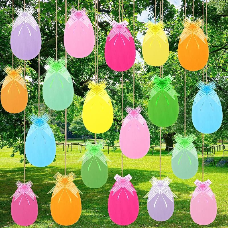 Photo 1 of 24 Pcs Large Outdoor Easter Eggs with Bow Double Sided Easter Egg Outdoor Hanging Ornaments Colorful Easter Eggs Tree Hanging Ornament Lawn Hanging Decorations for Porch Tree Yard Lawn Party(Solid)
