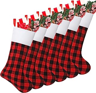 Photo 1 of 13 Pieces 15 Inch Christmas Stockings Red and Black Plaid Stocking Faux Fur Cuff Stocking Fireplace Hanging Stockings for Family Holiday Xmas Party Decorations
