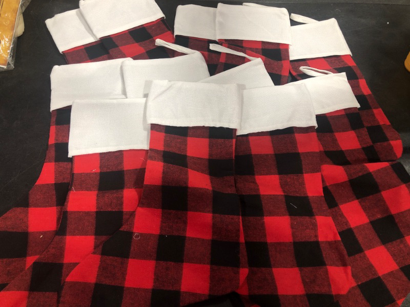 Photo 2 of 13 Pieces 15 Inch Christmas Stockings Red and Black Plaid Stocking Faux Fur Cuff Stocking Fireplace Hanging Stockings for Family Holiday Xmas Party Decorations
