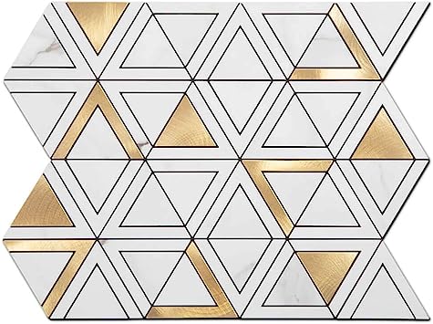 Photo 1 of  Peel and Stick Metal Backsplash Tile Self-Adhesive Aluminum Surface Triangle Mosaic Tile White Marble Grain & Gold for Kitchen Backsplash Bathroom Wall (10 Sheets)
