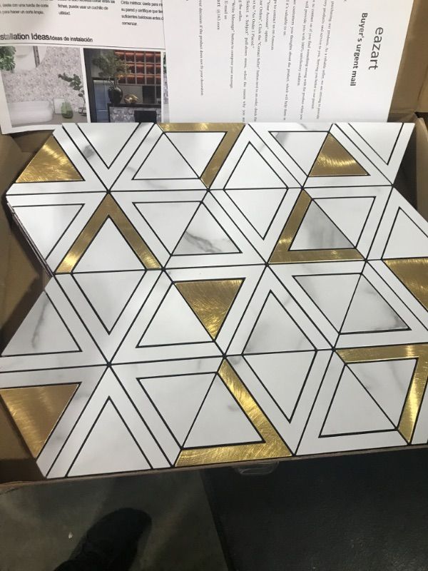Photo 2 of  Peel and Stick Metal Backsplash Tile Self-Adhesive Aluminum Surface Triangle Mosaic Tile White Marble Grain & Gold for Kitchen Backsplash Bathroom Wall (10 Sheets)
