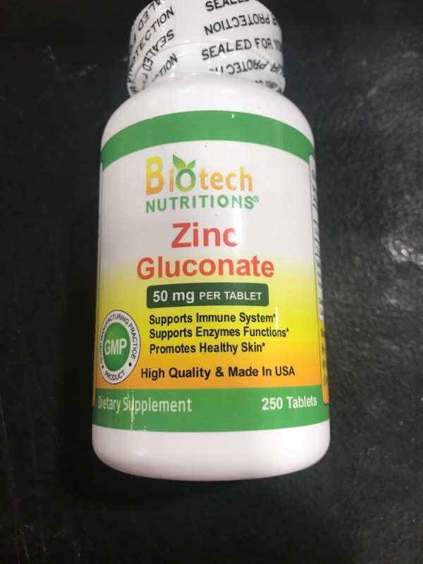 Photo 1 of Biotech Nutritions Zinc Gluconate 50 mg 250 Tablets Made in USA Vegetarian/Vegan Zinc Gluconate  250 Count EXP JUNE 2024