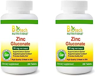 Photo 1 of Biotech Nutritions Zinc Gluconate 50 mg 250 Tablets Made in USA Vegetarian/Vegan Zinc Gluconate (Pack of 2) 250 Count (Pack of 2) EXP 6/2024