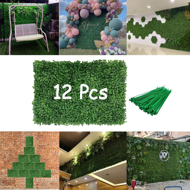 Photo 1 of 12pcs 24x16 inch Grass Wall Backdrop Greenery Garden Privacy Panels Screen for Outdoor Indoor Fence Backyard and Wall Decor, Realistic Artificial Boxwood Panels Topiary Hedge Plants (12pcs Set)
