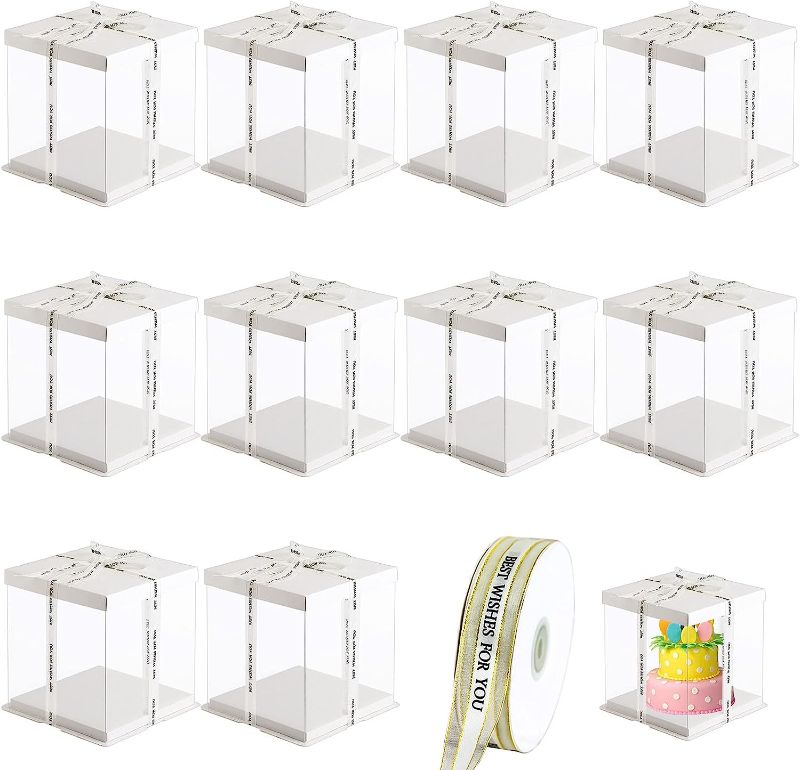 Photo 1 of Zhehao 20 Pcs Clear Cake Boxes, 7 x 7 x 8 Inch Transparent PET Clear Box Tall Cake Boxes with Ribbon, Large Clear Gift Boxes with Lid for Wedding Party Birthday Anniversary and Gift Display