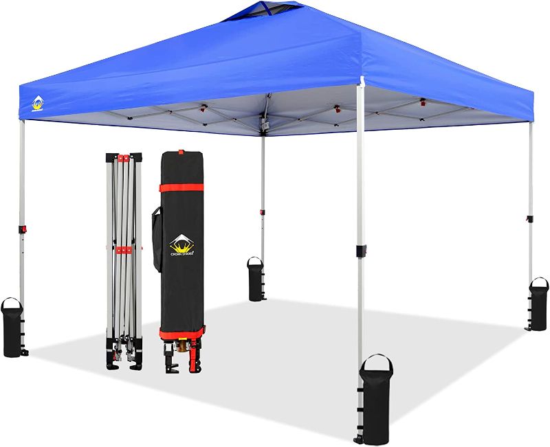 Photo 1 of 
CROWN SHADES 10x10 Pop Up Canopy, Patented One Push Tent Canopy, Newly Designed Storage Bag, 8 Stakes, 4 Sandbags, 4 Ropes, Blue