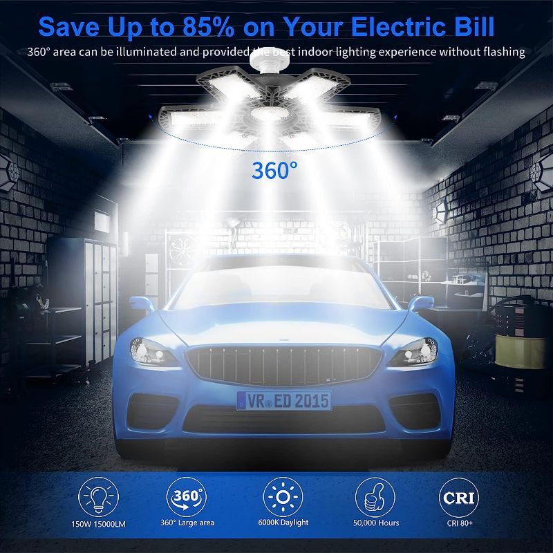 Photo 1 of  LED Garage Lights,150W 15000 Lumens Deformable Garage Ceiling Light with 6+1 Adjustable Panels, E26/E27 Base 6500K Daylight Led Shop Light for Garage Warehouse Workshop Basement