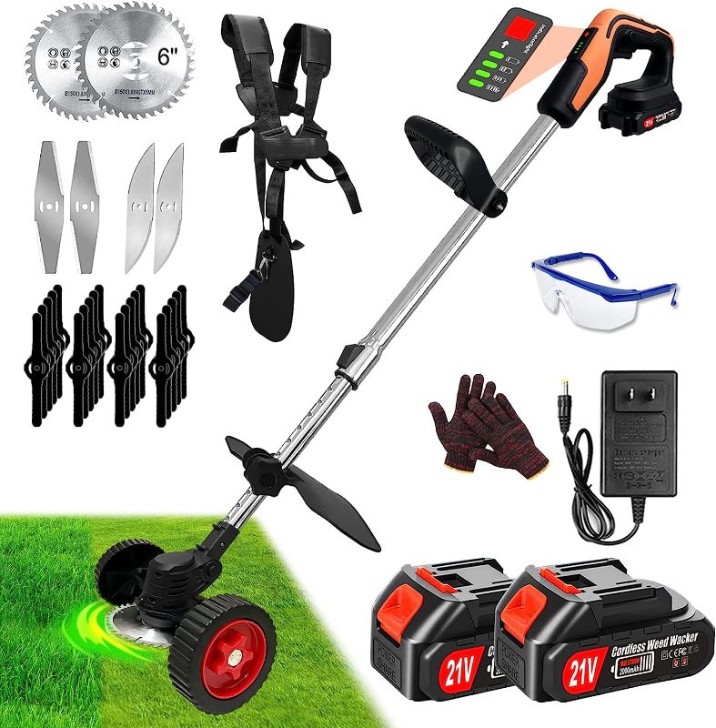 Photo 1 of  Weed Wacker Battery Powered Weed Eater Cordless Electric Grass Trimmer Lawn Edger Tool Brush Cutter, Push Lawn Mower, Wheeled No-String Trimmer for Garden Yard(2x 21V/ 2.0Ah Batteries, 4 Types Blades)