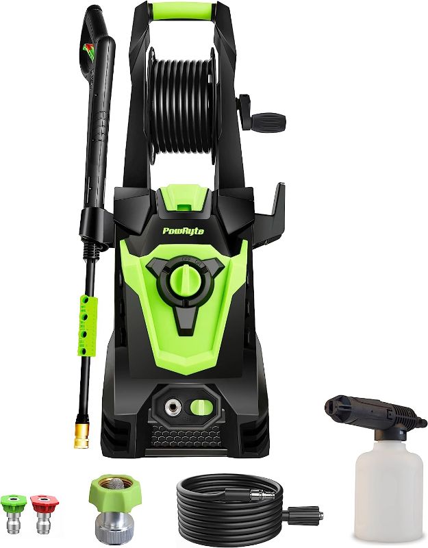 Photo 2 of PowRyte Electric Pressure Washer with Hose Reel, Foam Cannon, 2 Different Pressure Tips, Power Washer, 3500 PSI 2.4 GPM https://a.co/d/8TMXXE1