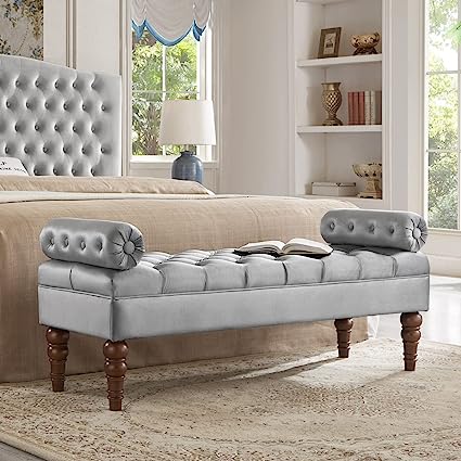 Photo 1 of 24KF Gray Velvet Upholstered Bolster Bench with Button-Tufted,Large Size Bedroom Bench,Padded Seat Bed Bench with armrests-5061-Gray
