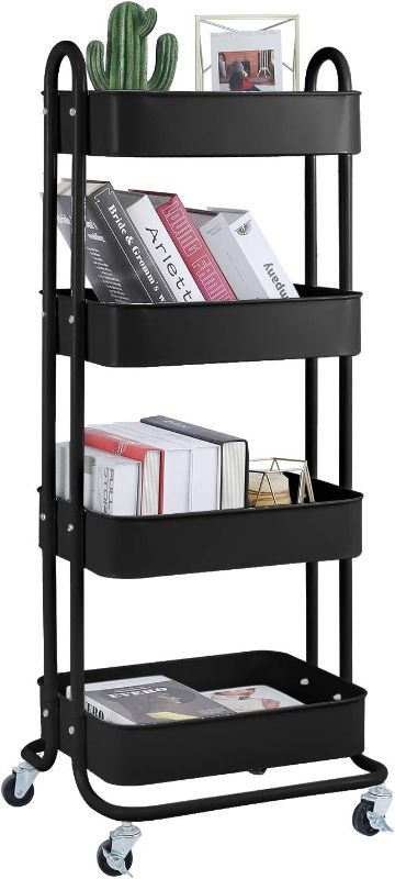 Photo 1 of 4-Tier Metal Mesh Utility Rolling Cart Storage Organizer Shelf Rack with Lockable Wheels for Living Room Kitchen Office, Black
