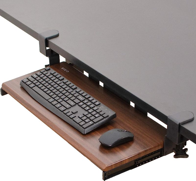 Photo 1 of VIVO Clamp-on Computer Keyboard and Mouse Under Desk Mount Slider Tray, 27 (33 Including Clamps) x 11 inch Pull Out Platform Drawer, Dark Wood Tray, Black Frame, MOUNT-KB05D
