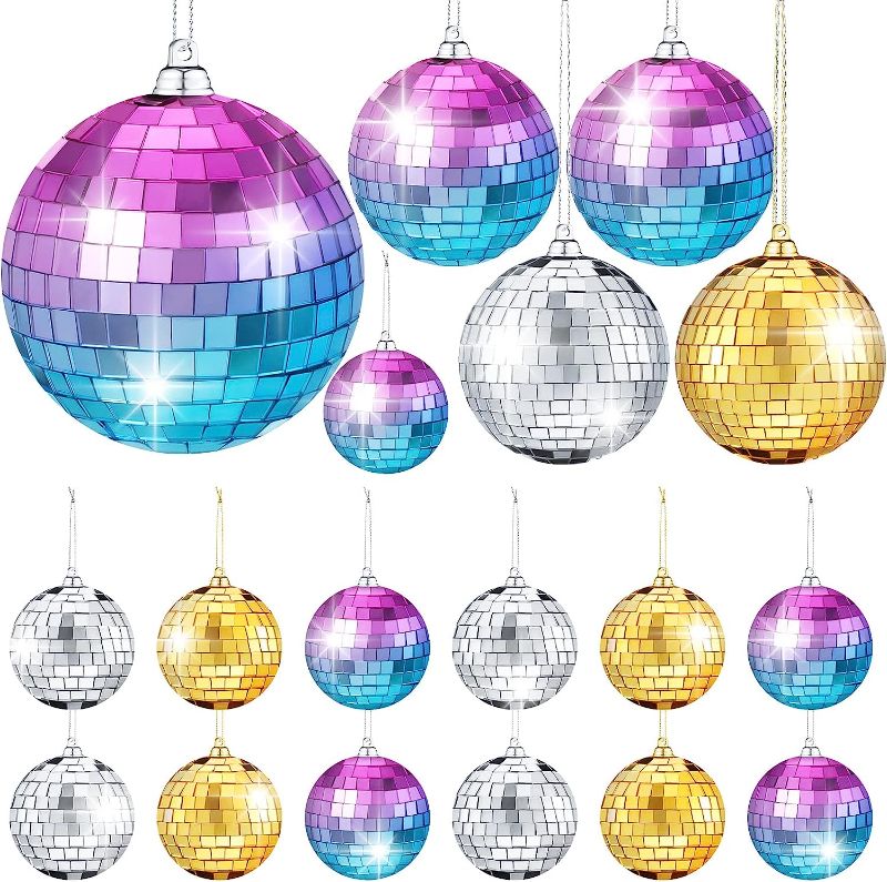 Photo 1 of 25 Pcs Disco Balls Ornament Mini Reflective Disco Ball Disco Party Hanging Decorations with Lanyard for Dance Music Party Decoration, 2 Inch 3.14 Inch 4 Inch (Multicolor) 