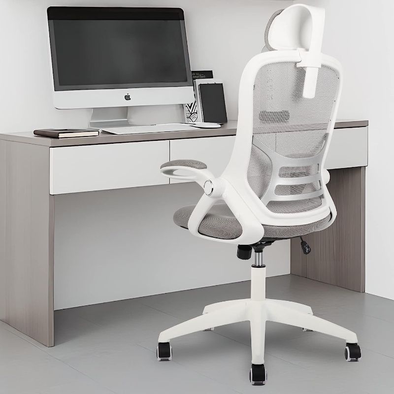 Photo 1 of Office Chair Executive Mesh Computer Desk Chair Comfortable with Headrest, Flip-up Arms, Adjustable Height, White