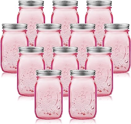 Photo 1 of 12 Pieces 32 oz Colored Mason Jars Glass Mason Jars with Lids Glass Wide Mouth Canning Jar Mason Jars NOT Allowed Dishwasher (Pink)
