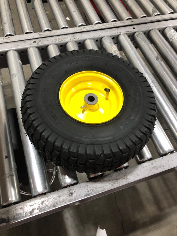 Photo 2 of (2 Pack) AR-PRO Exact Replacement 15" x 6.00 - 6" Front Tire and Wheel Assemblies for John Deere Riding Mowers - Compatible with John Deere 100 and D100 Series - 3” Hub Offset and 3/4” Bushings 15" x 6.00-6" Yellow