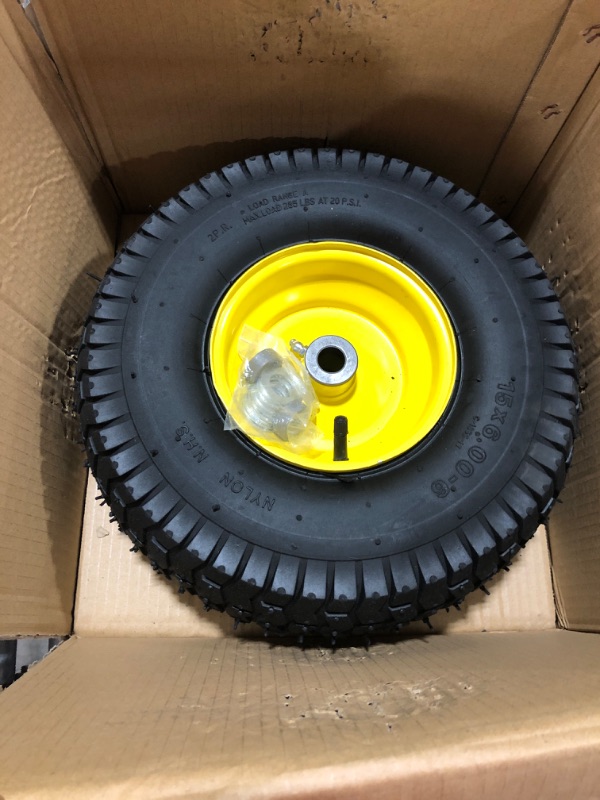 Photo 3 of (2 Pack) AR-PRO Exact Replacement 15" x 6.00 - 6" Front Tire and Wheel Assemblies for John Deere Riding Mowers - Compatible with John Deere 100 and D100 Series - 3” Hub Offset and 3/4” Bushings 15" x 6.00-6" Yellow