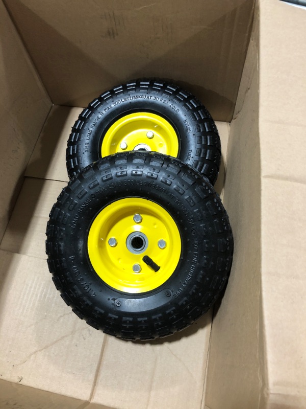 Photo 2 of (2 Pack) AR-PRO 4.10/3.50-4" All Purpose Utility Air Tires/ yellow Wheels with 10" Inner Tube, 5/8" Axle Bore Hole, 2.2" Offset Hub and Double Sealed Bearings for Hand Trucks and Gorilla Cart