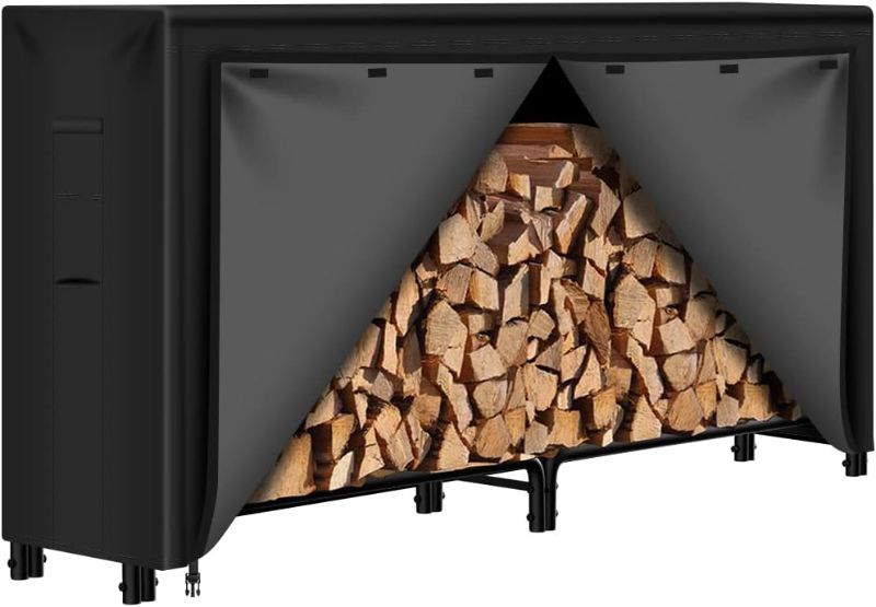 Photo 1 of 8ft Firewood Log Rack with Cover Combo Set Waterproof Outdoor Log Holder for Fireplace Heavy Duty Wood Stacker for Patio Logs Pit Storage Steel Tubular Wood Pile Rack Tool Accessories Black
