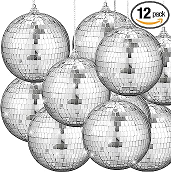 Photo 1 of 12 Pack 4 Inch Mirror Disco Ball Decorations Small Silver Hanging Ornaments Reflective with Attached String for Ring DJ Stage Lighting Effect for Christmas School Festival Fun 50s 60s 70s Party Decor