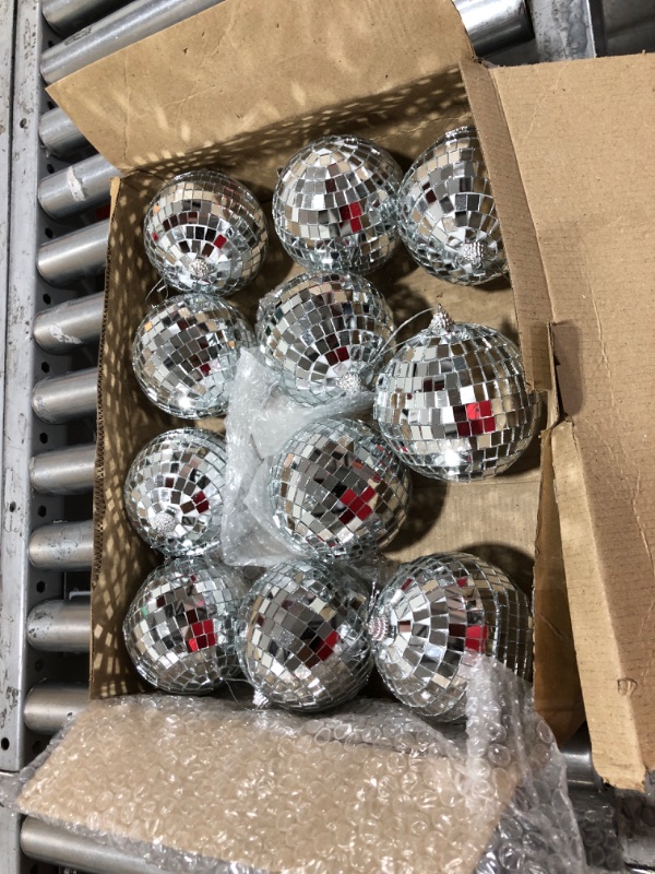 Photo 2 of 12 Pack 4 Inch Mirror Disco Ball Decorations Small Silver Hanging Ornaments Reflective with Attached String for Ring DJ Stage Lighting Effect for Christmas School Festival Fun 50s 60s 70s Party Decor