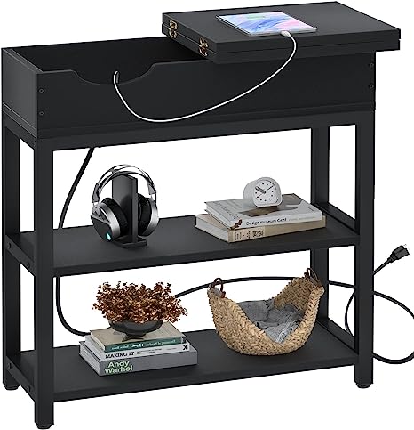 Photo 1 of Aheaplus Sofa Side Table with USB Ports and Outlets, Narrow End Table Set of 2 with Charging Station, Bedside Nightstand with Storage Shelves, Slim Side Table for Small Space, Living Room, Metal Frame Black End Table Set