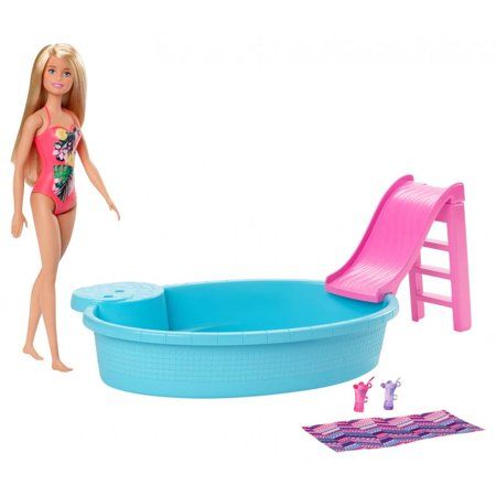 Photo 1 of ?Barbie Doll, 11.5-Inch Blonde, and Pool Playset with Slide and Accessories, Gift for 3 to 7 Year Olds