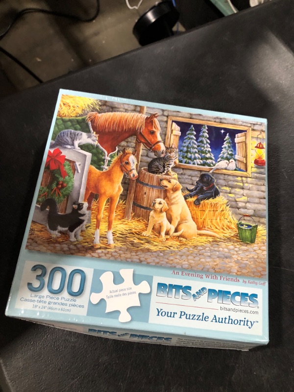 Photo 2 of Bits and Pieces - 300 Piece Jigsaw Puzzle for Adults 18" x 24" - an Evening with Friends - 300 pc Horse Cats Dogs Barn Cold Winter Night Pine Trees Snow Farm Animal Jigsaw by Artist Kathy Goff