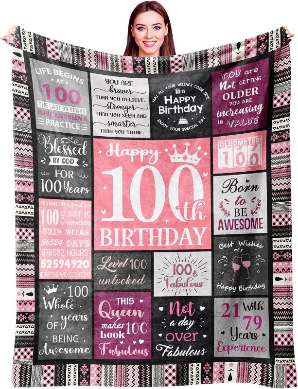 Photo 1 of 100th Birthday Gifts for Women Blanket 60”x50”, 100th Birthday Party Supplies Decorations, Happy 100th Birthday Gifts for 100 Year Old Woman, 1923 Gifts for 100th Birthday Women Mom Grandma 