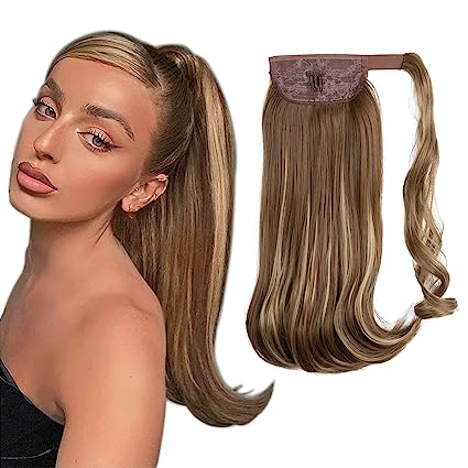 Photo 1 of CJL HAIR 17" Ponytail Extension Synthetic Wavy Hairpiece Wrap Around Clip in Fake Pony Tail Hair Extensions for White Women (Ash Medium Brown/Ash Blonde)
