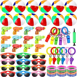 Photo 1 of ELCOHO 61 Pieces Pool Party and Beach Party Favors Include Neon Sunglasses 12 Inch Inflatable Beach Ball Water Squirts Whistle Summer Beach Pool Toys for Beach Pool Party Supplies
