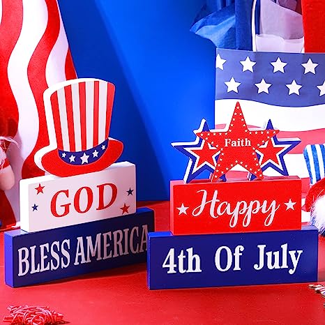 Photo 1 of 6 Pcs Happy 4th of July Wood Signs God Bless America Patriotic Table Centerpieces American Flag Wooden Block Double Sided Independence Day Tiered Tray Table Signs for Veterans Day Memorial Day Decor
